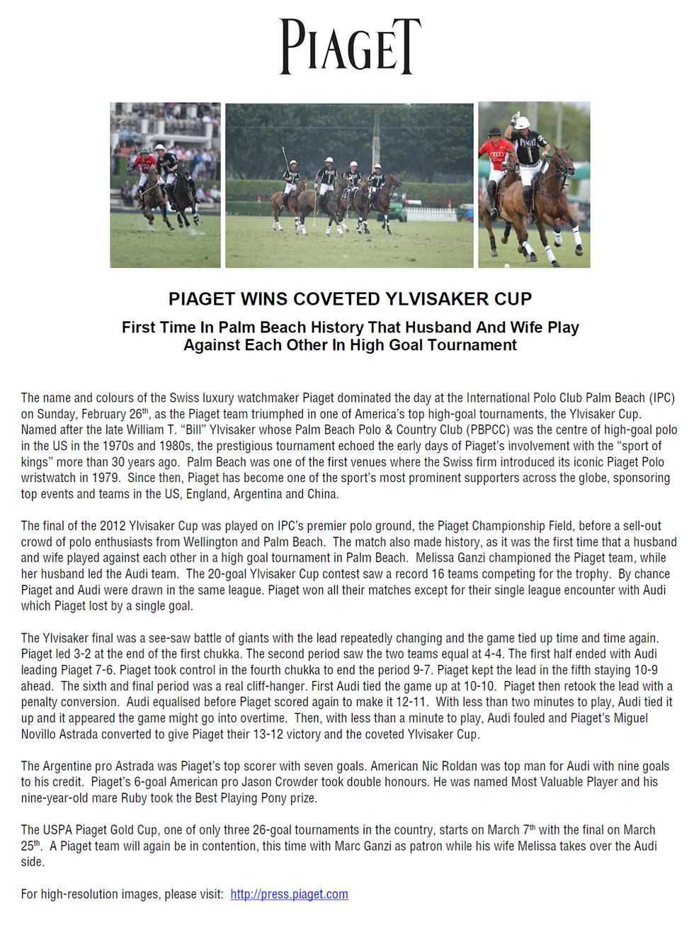 PIAGET WINS COVETED YLVISAKER CUP